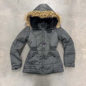Y2K Miss London Gray Faux Fur Hooded Puffer Jacket Women’s Size Small
